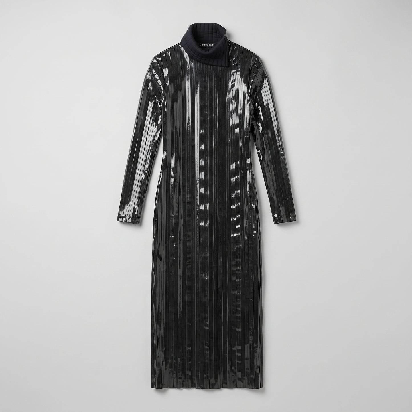 Glossy Pleated Turtleneck Midi Dress