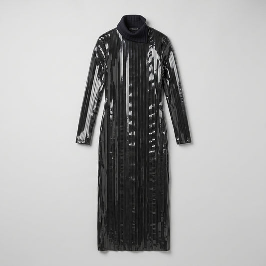 Glossy Pleated Turtleneck Midi Dress