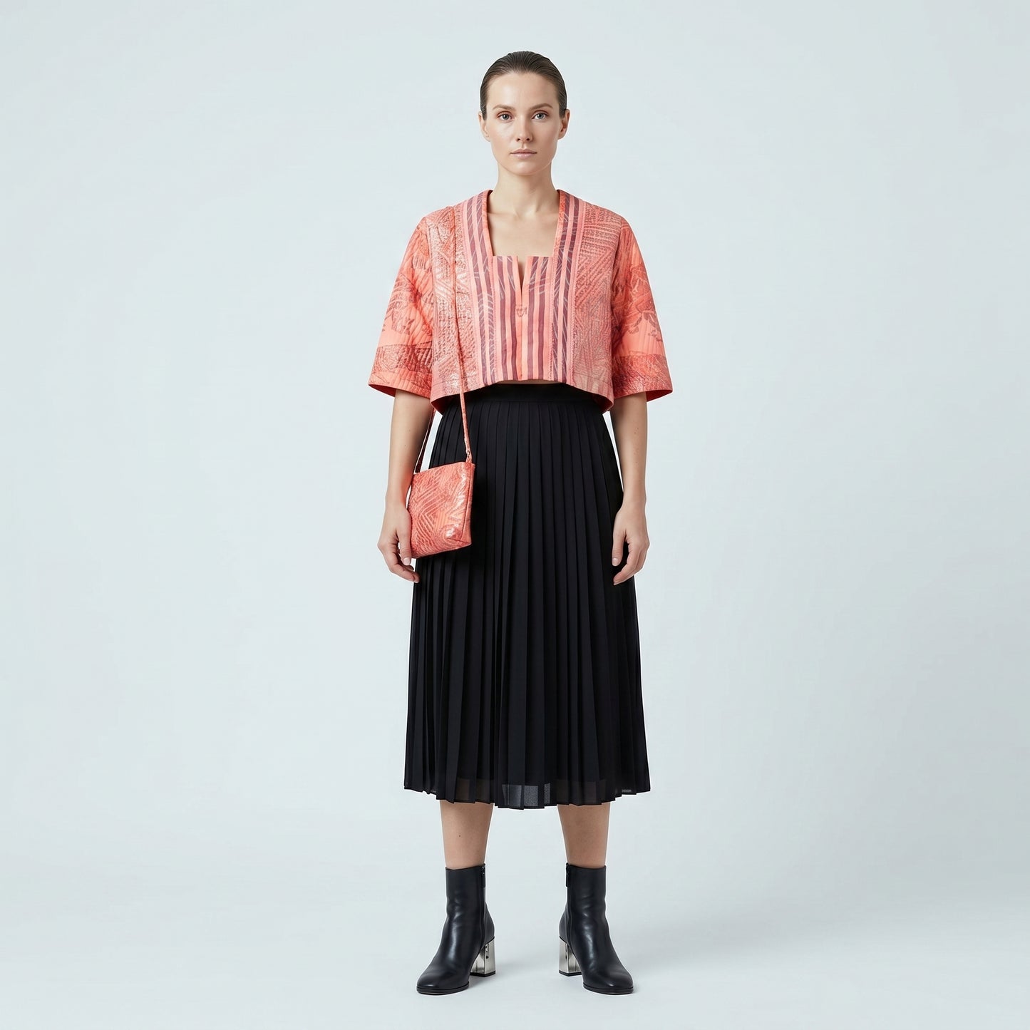 Quilted Coral Jacquard Cropped Jacket