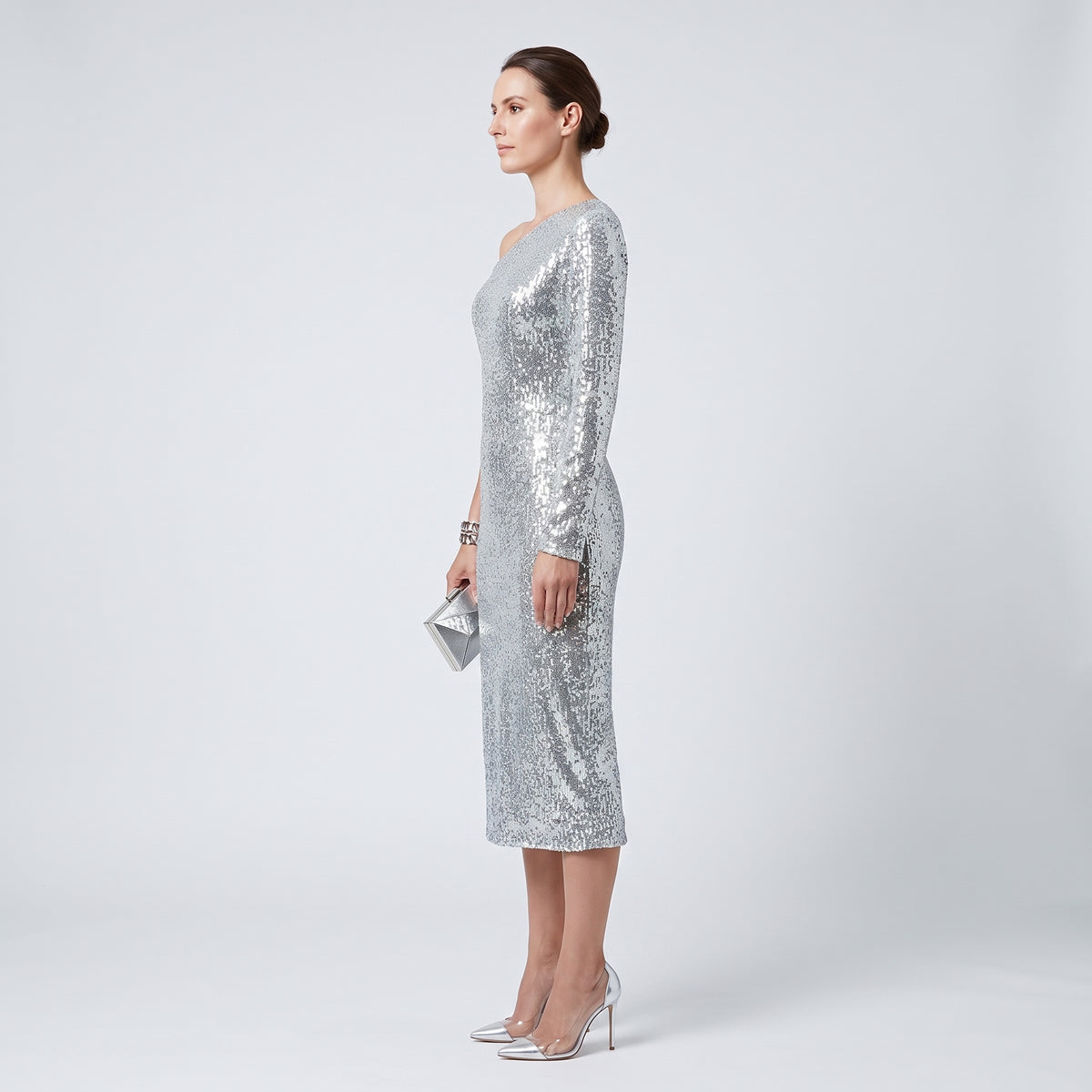 One-Shoulder Silver Sequin Dress