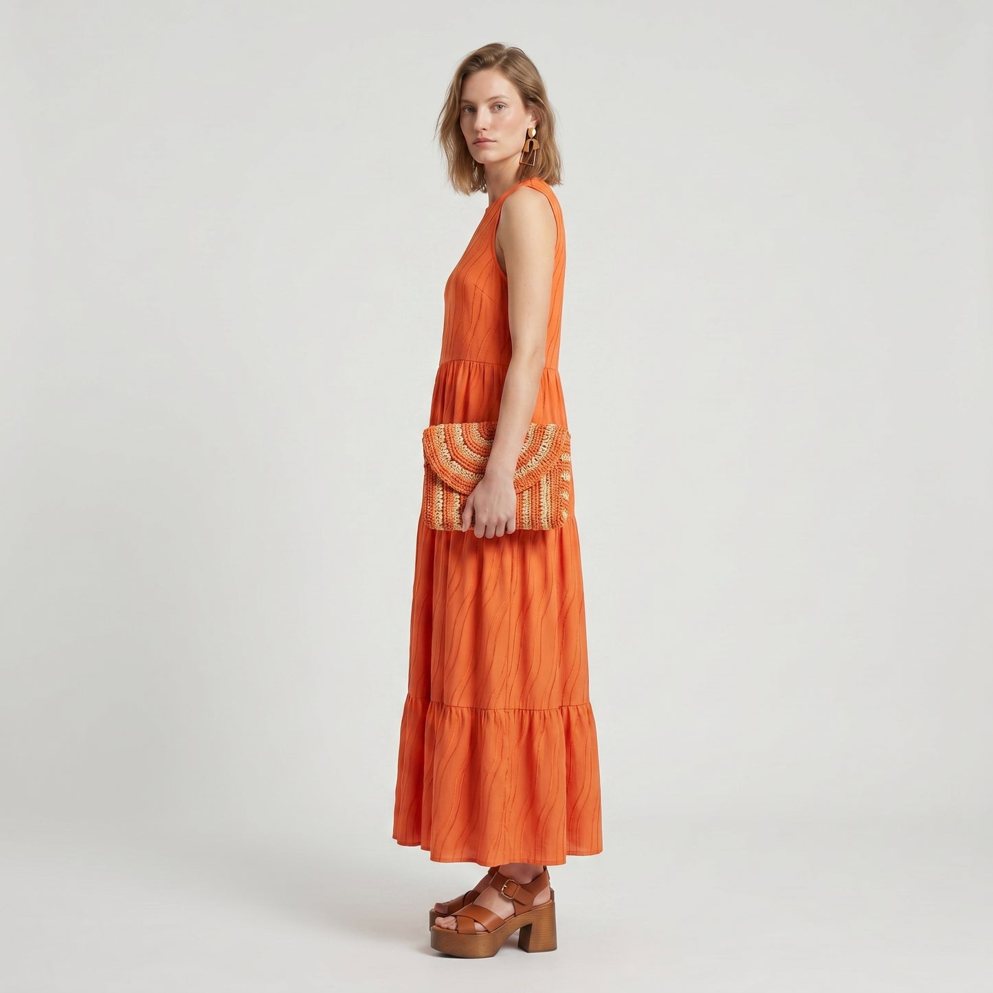 Tiered Orange Sleeveless long Dress