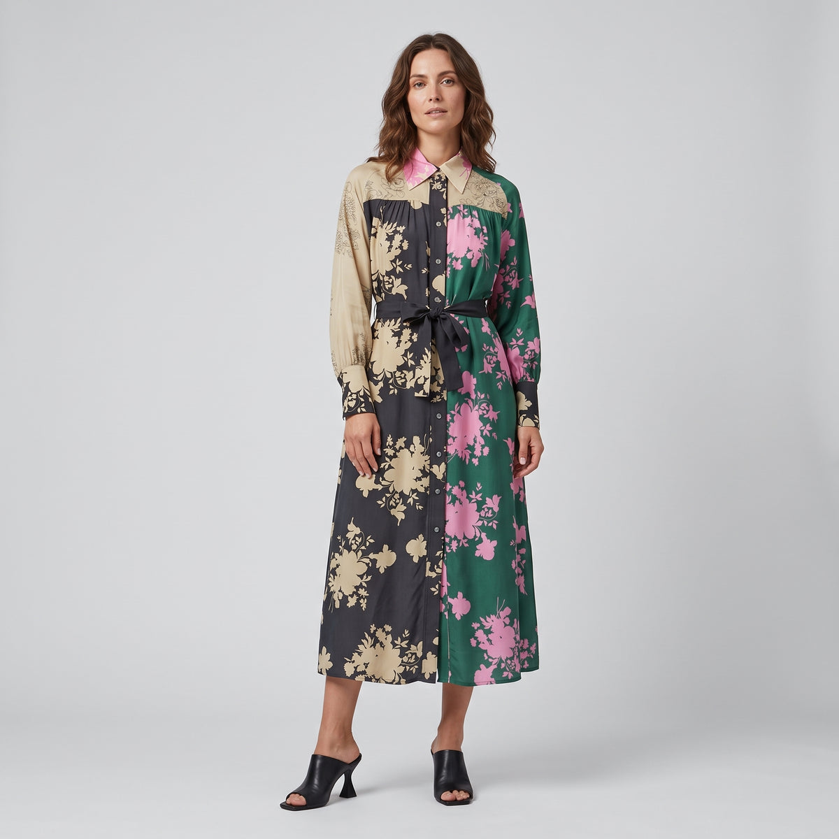 Floral Print Paneled Shirt Dress