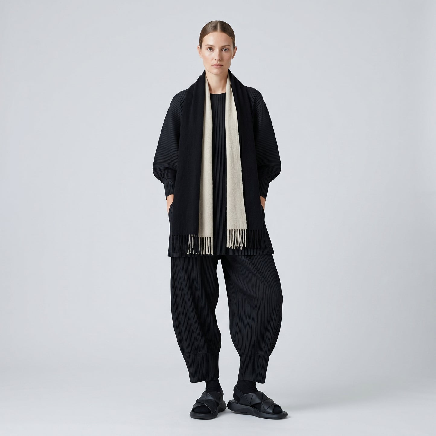Two-Tone Fringed Knit Scarf