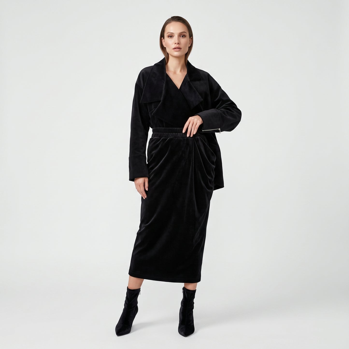 Velvet Draped Midi Skirt