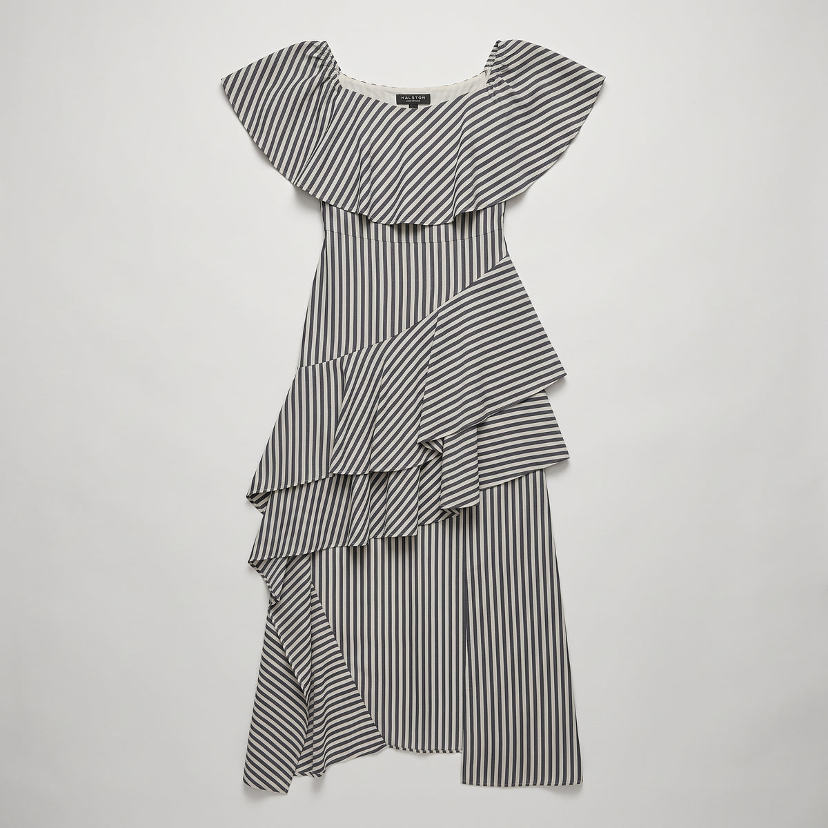 Striped Ruffled Asymmetric Midi Dress