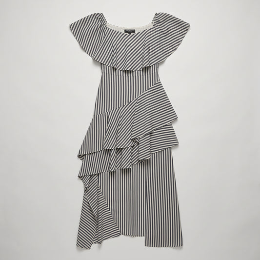 Striped Ruffled Asymmetric Midi Dress