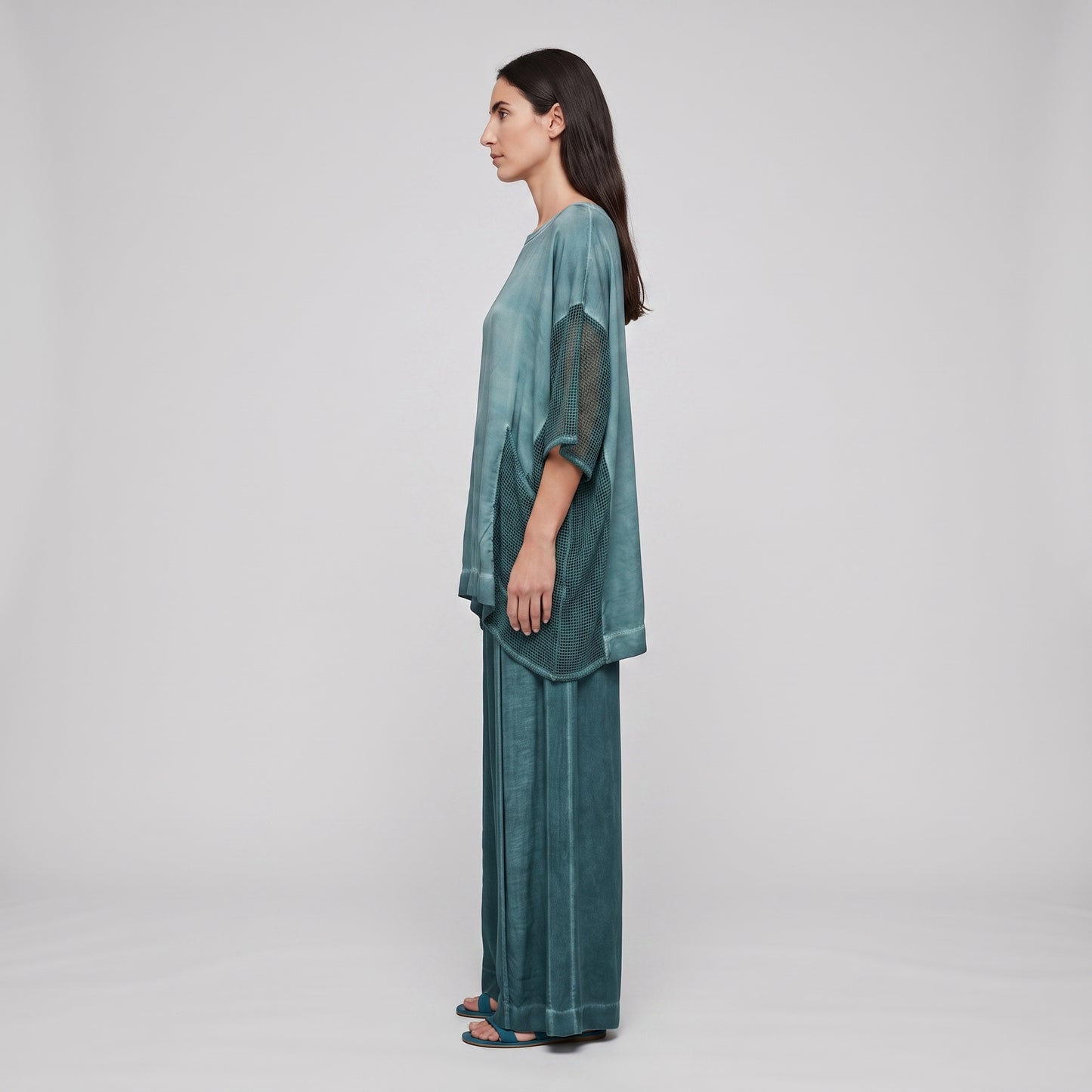 Mesh Paneled Oversized Teal Tee