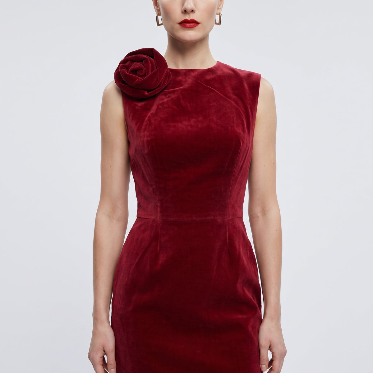 Sleeveless Velvet Rose Detail Dress