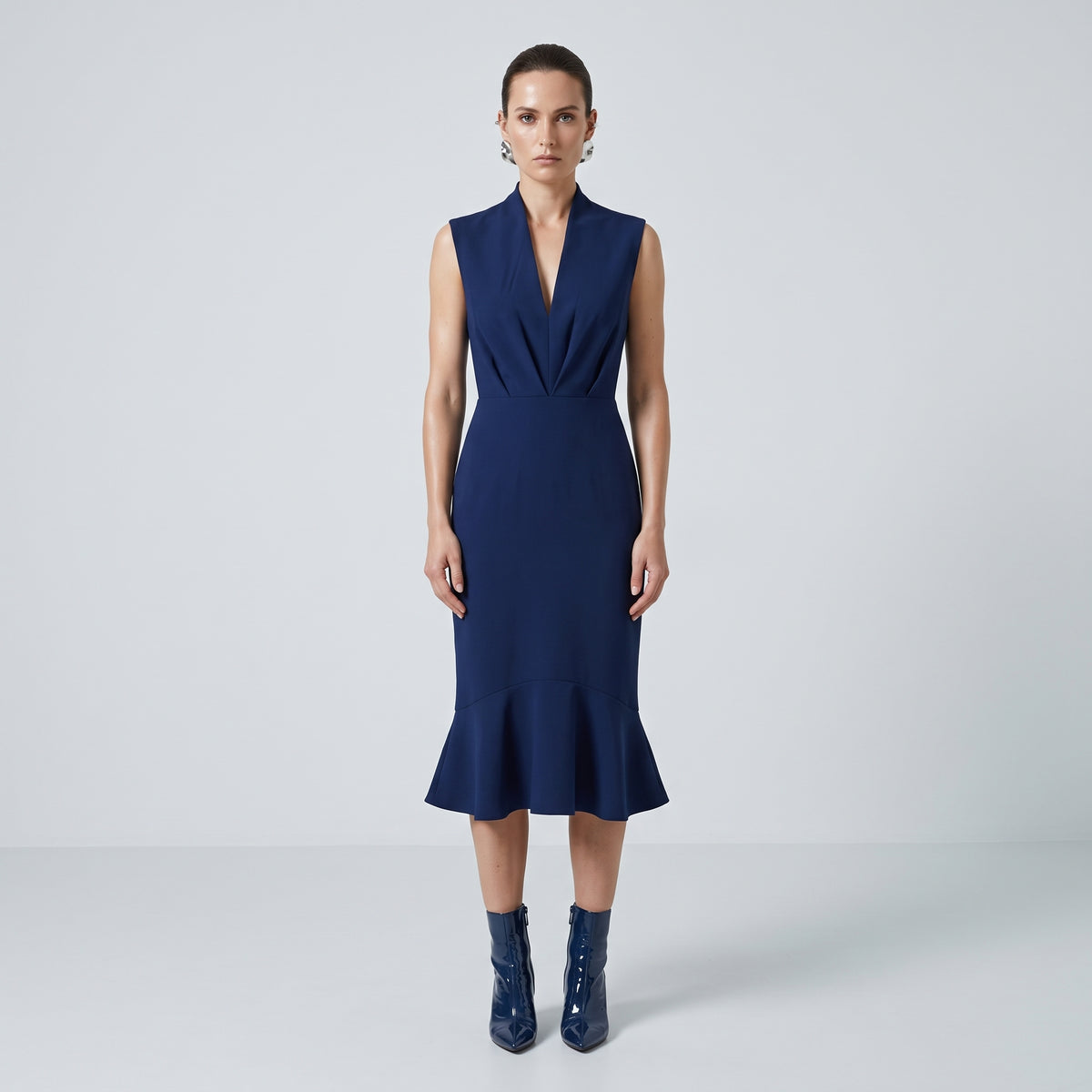 Tailored Navy Peplum Midi Dress
