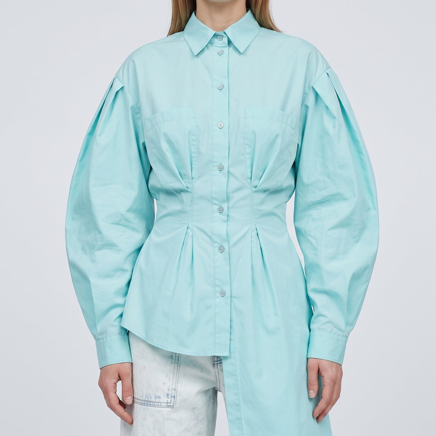 Asymmetric Pleated Cotton Poplin Shirt