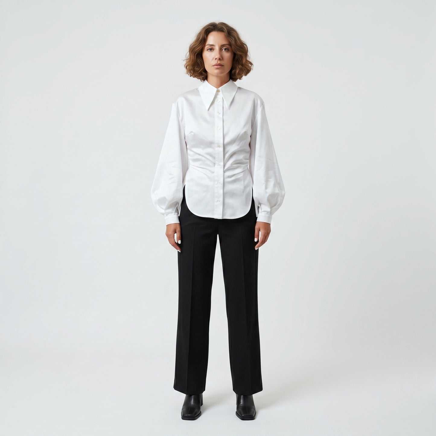 Ruched Balloon Sleeve Cotton Shirt