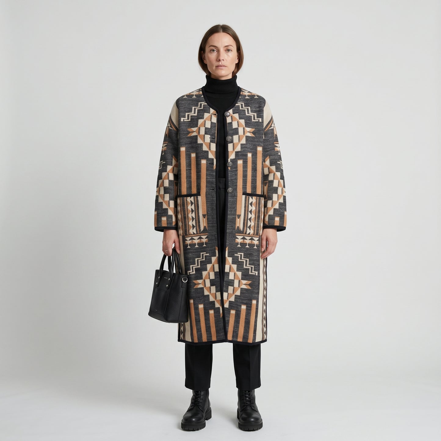 Geometric Patterned Knit Coat