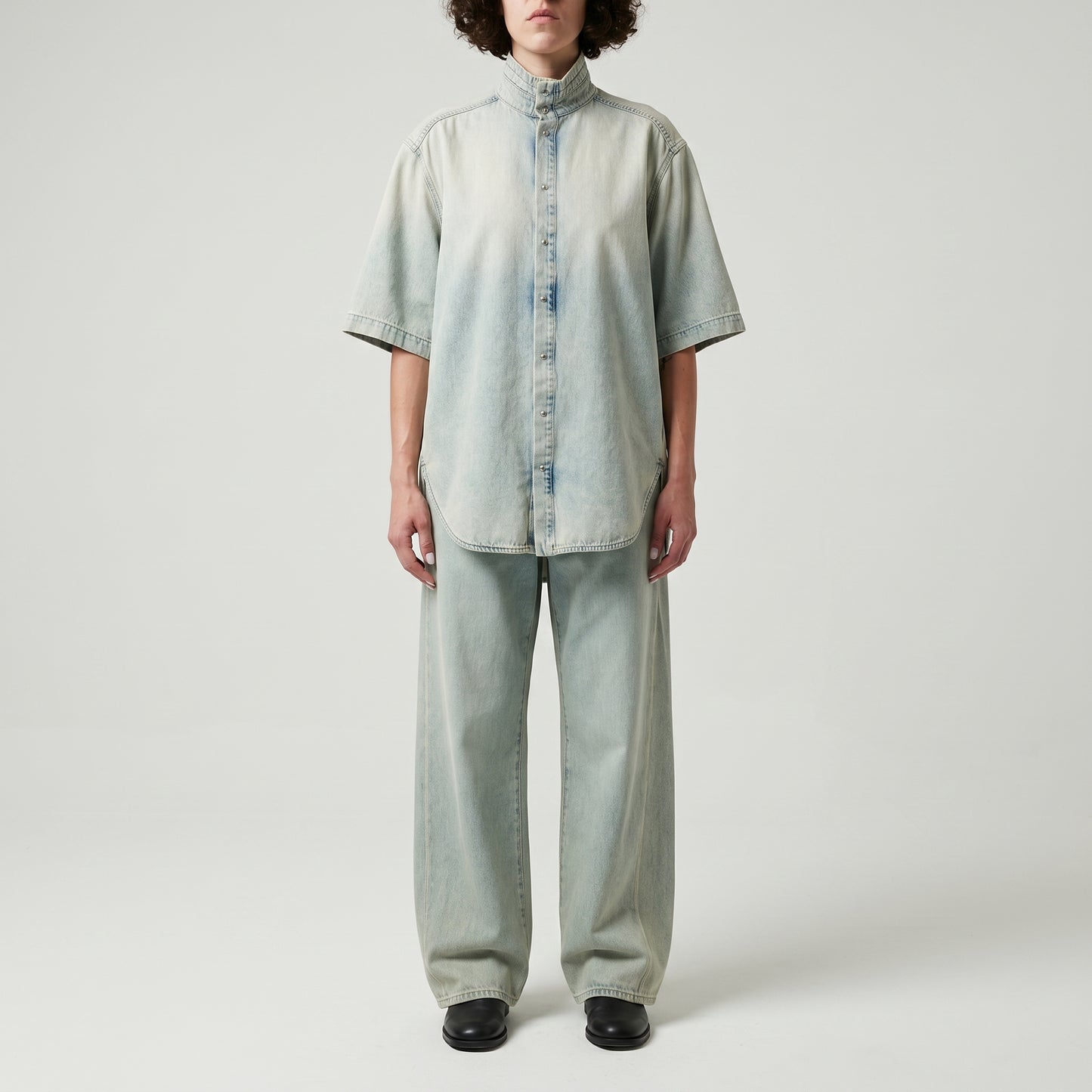 Acid Wash Denim Stand-Collar Shirt