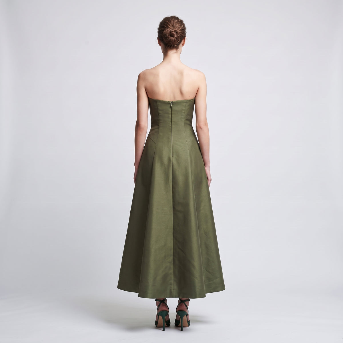 Structured Strapless Olive Midi Dress