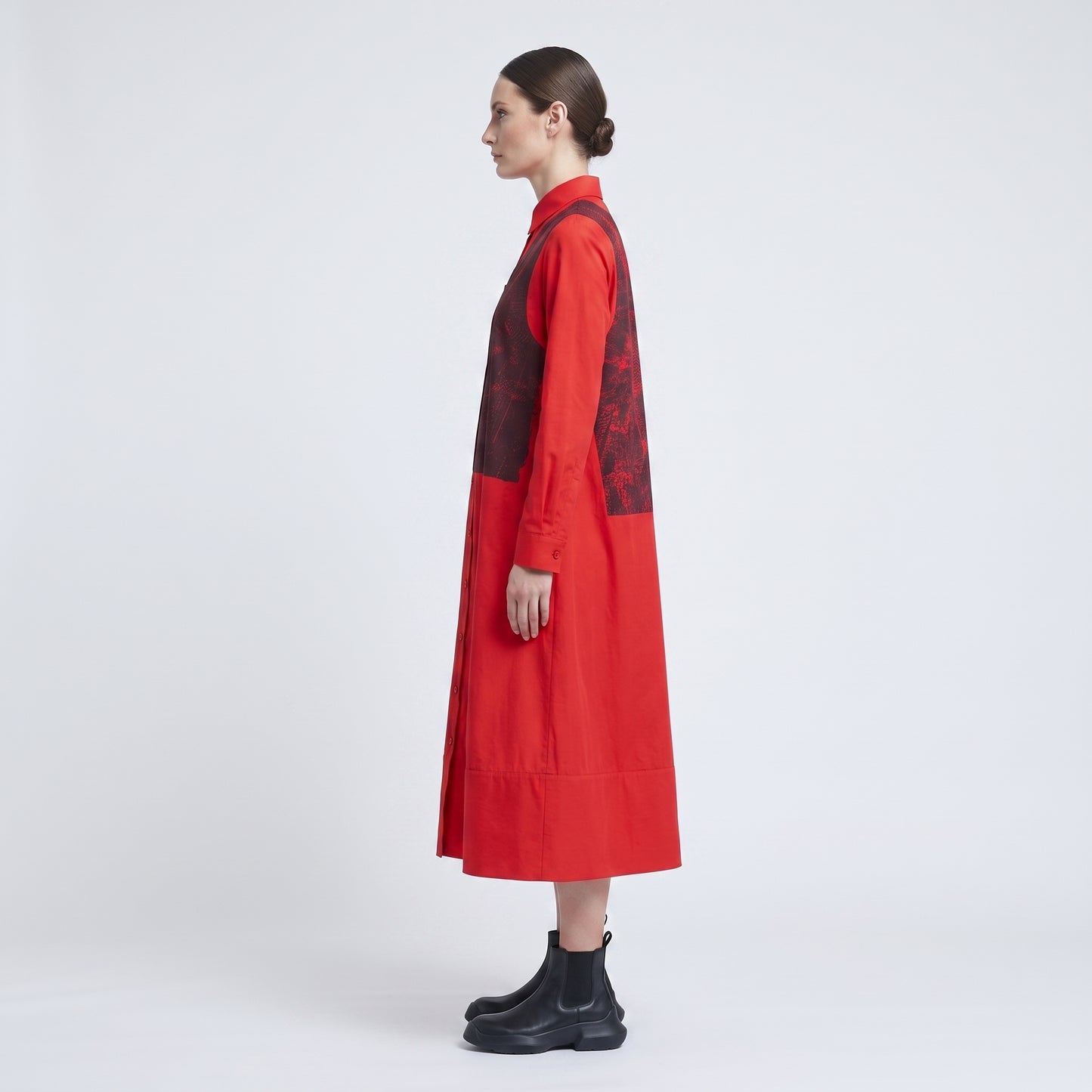 Red Printed Panel Shirt Dress