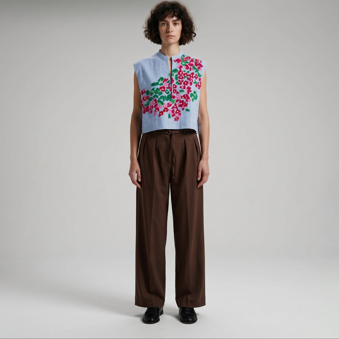 Floral Embroidered Mandarin Collar Vest
