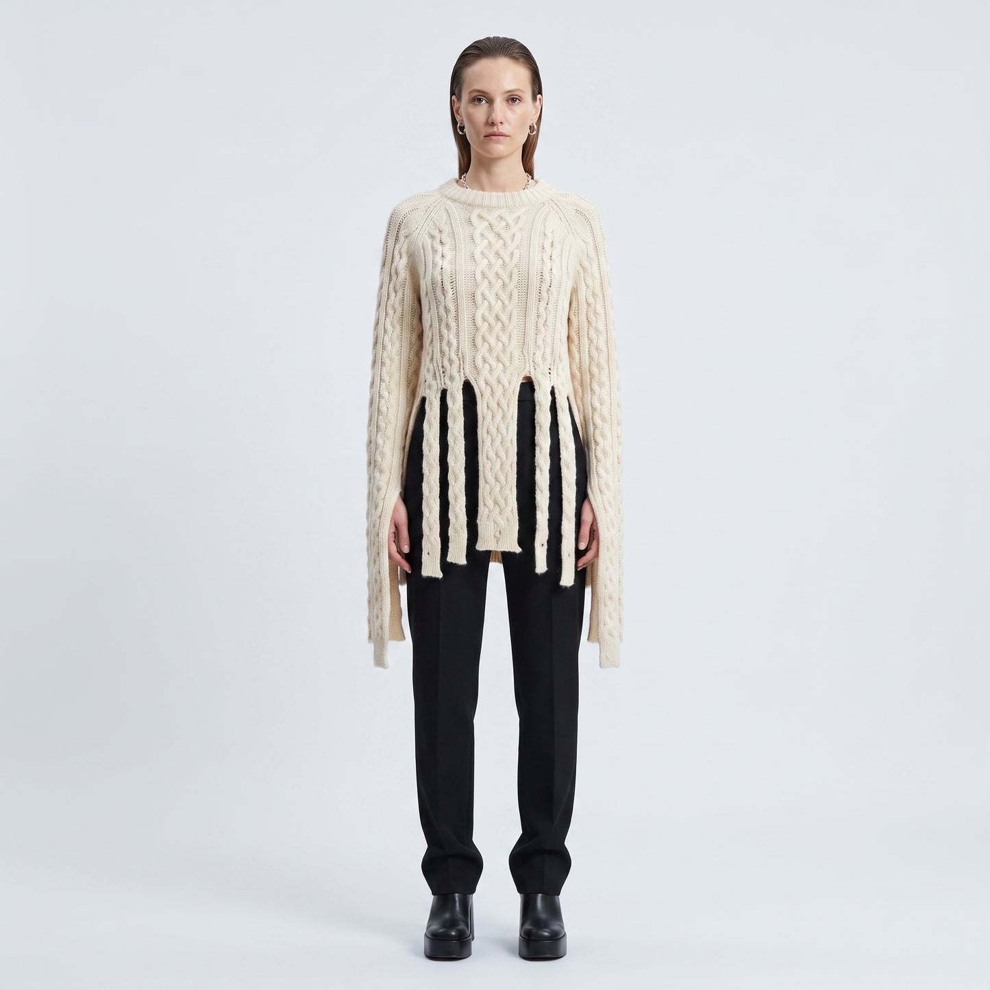 Cable Knit Fringe Hem Sweater