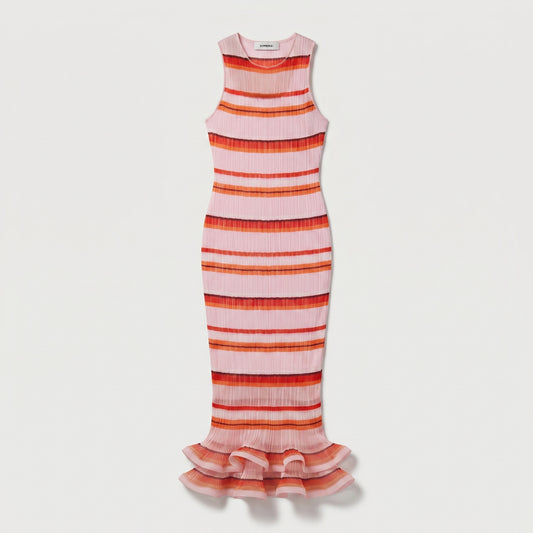 Striped Pleated Ruffle Hem Dress