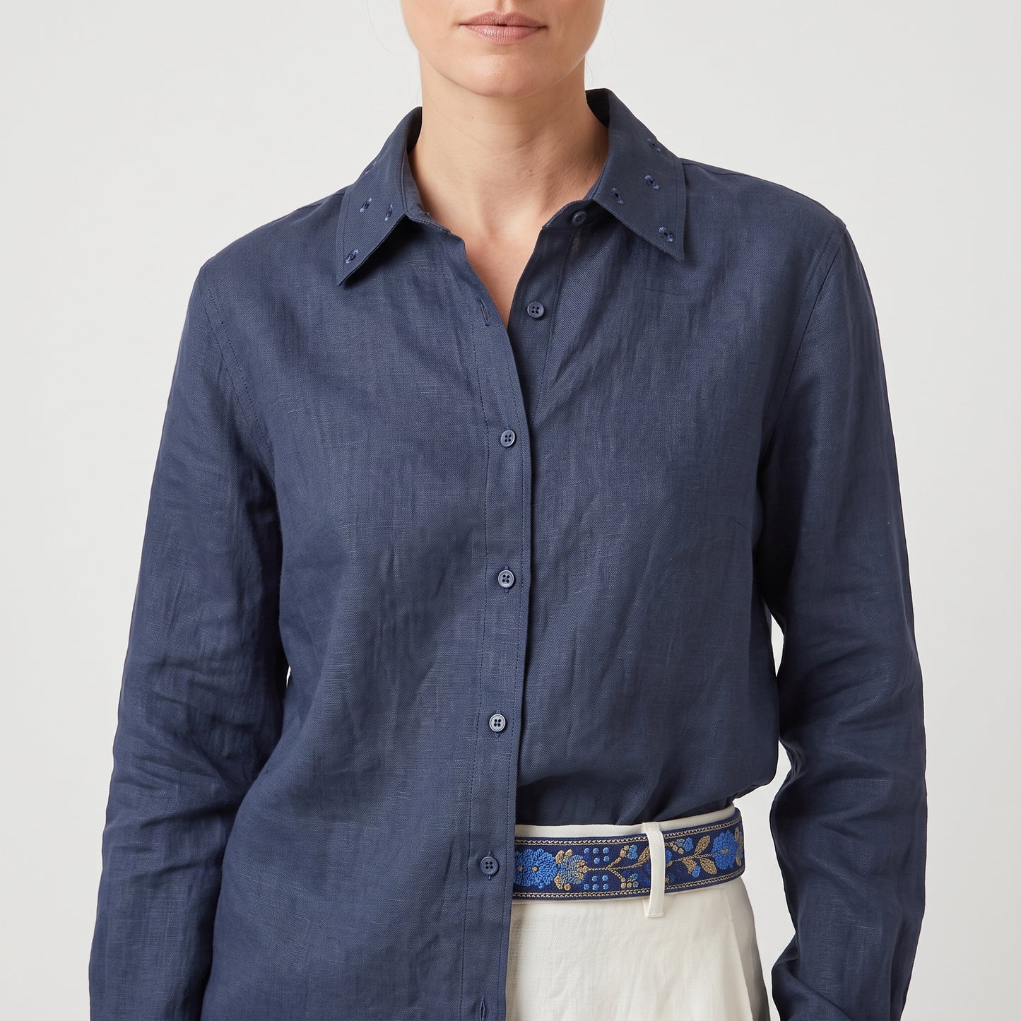 Navy Blue Linen Button-Down Shirt