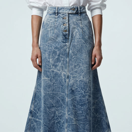 Acid Wash Denim Midi Skirt