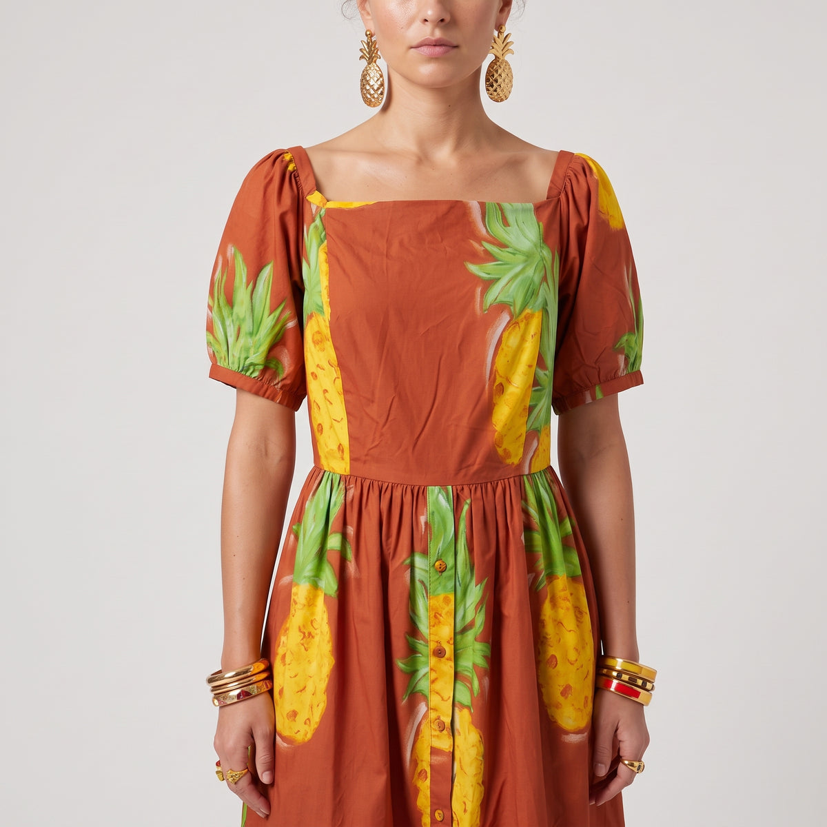 Pineapple Print Square Neck Dress