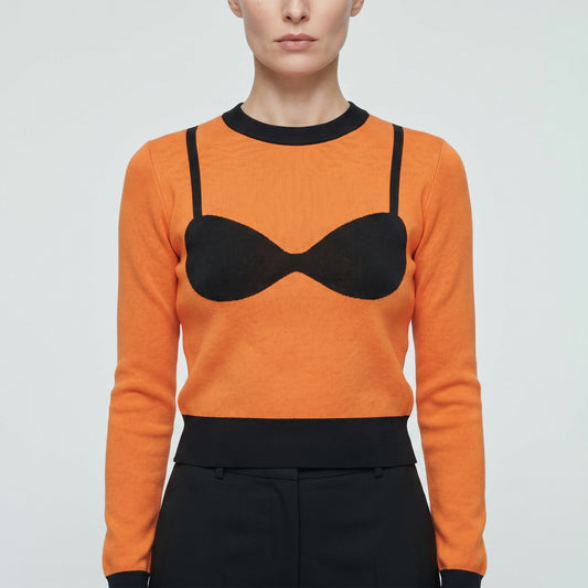 Orange Trompe L'oeil Knit Sweater