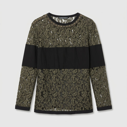 Embroidered Lace Panel Long-Sleeve Top