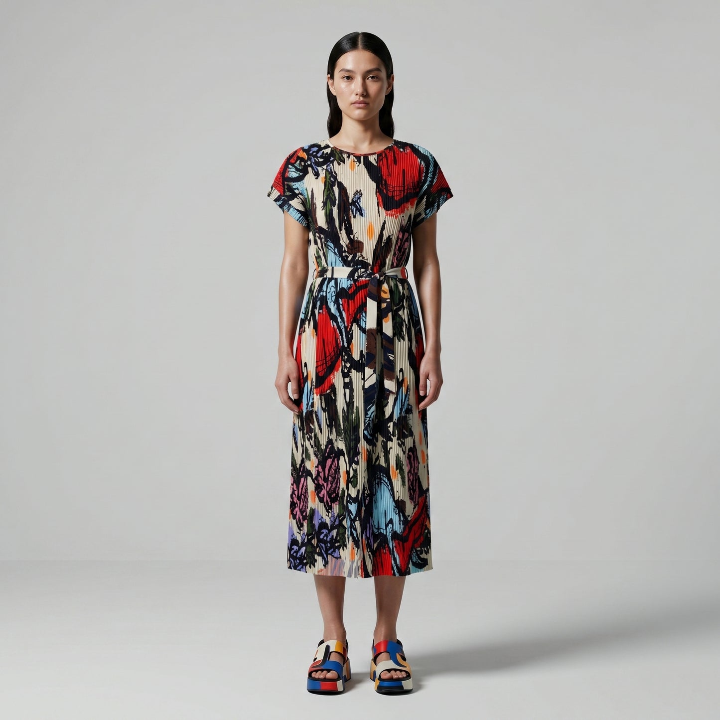 Abstract Floral Pleated Midi Dress