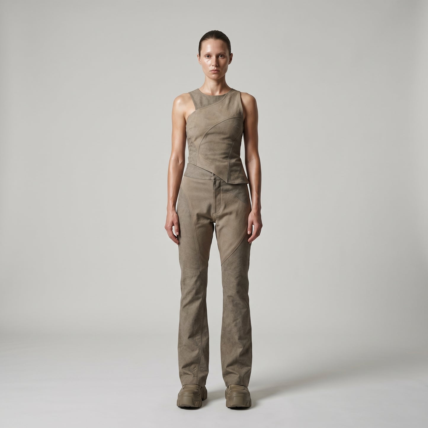 Paneled High-Waist Flared Trousers