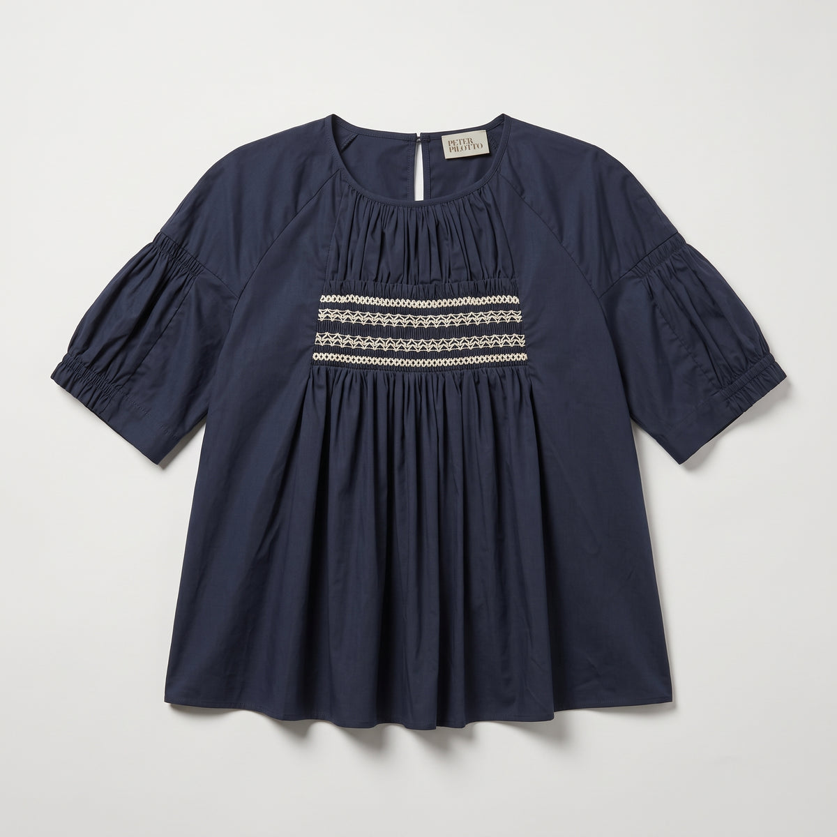 Embroidered Smocked Navy Blouse