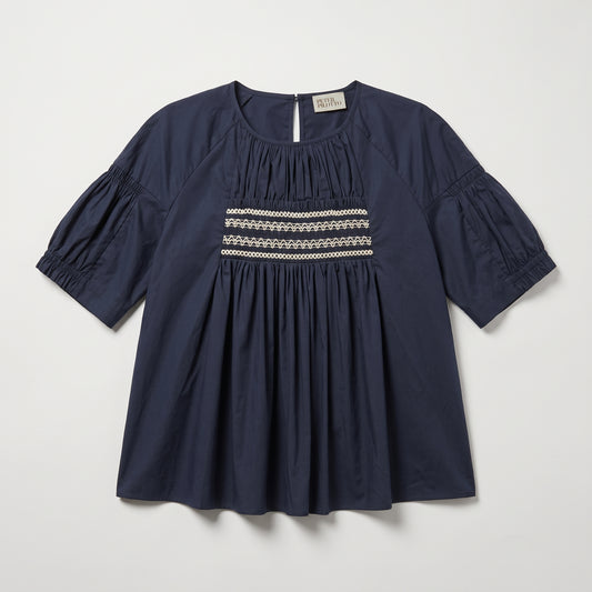 Embroidered Smocked Navy Blouse