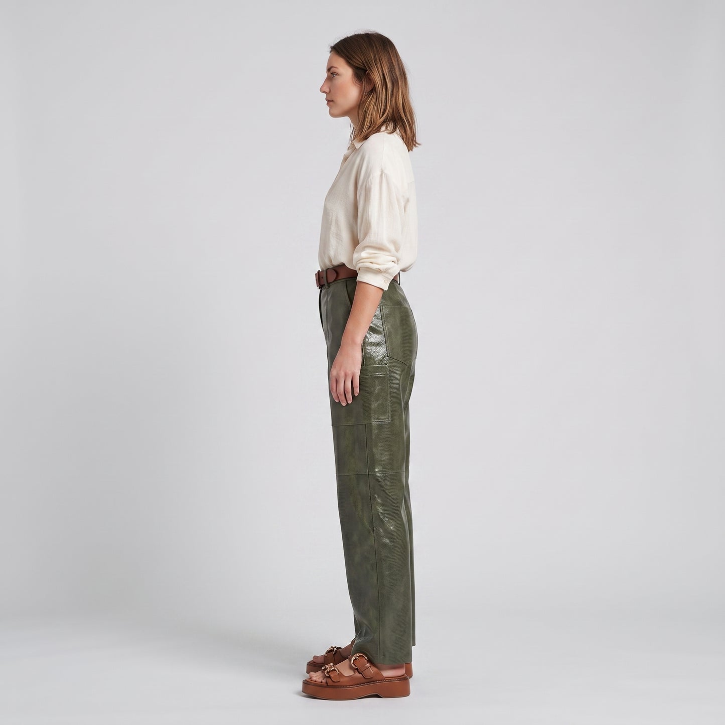 High-Waisted Olive Patent Trousers