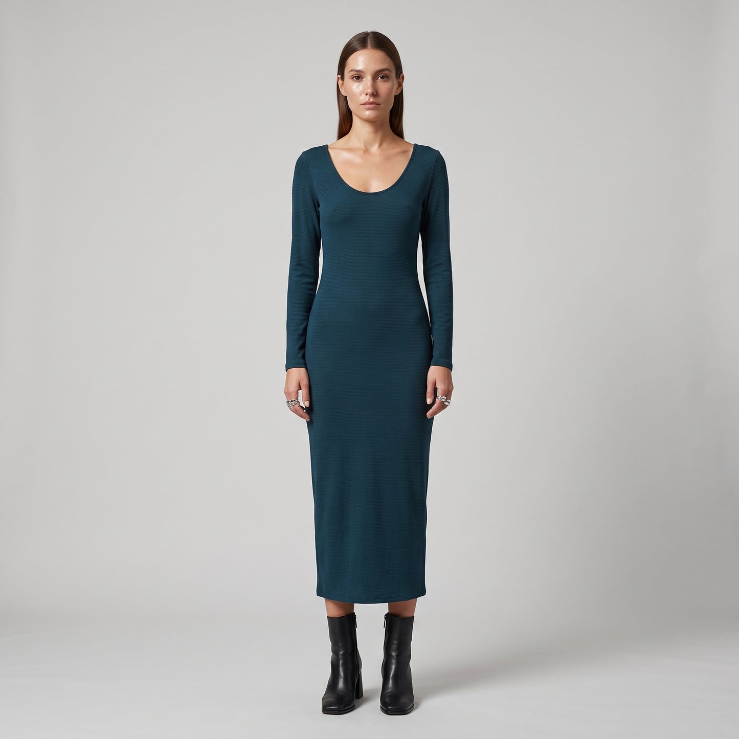 Teal Ribbed Scoop Neck Dress