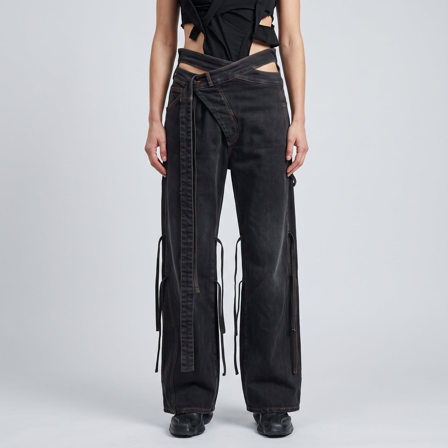 Asymmetric Wrap Waist Denim Trousers
