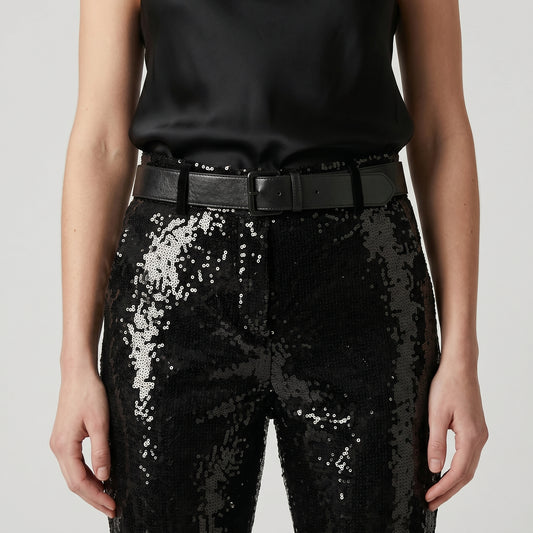 Black Sequin Belted Trousers