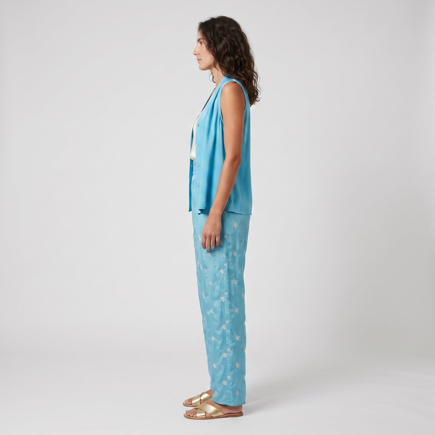 Embroidered Silk Wide-Leg Trousers