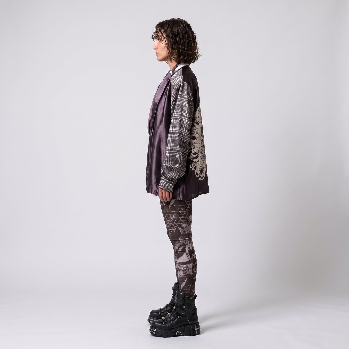 Plaid Panel Silk Tie Blouse