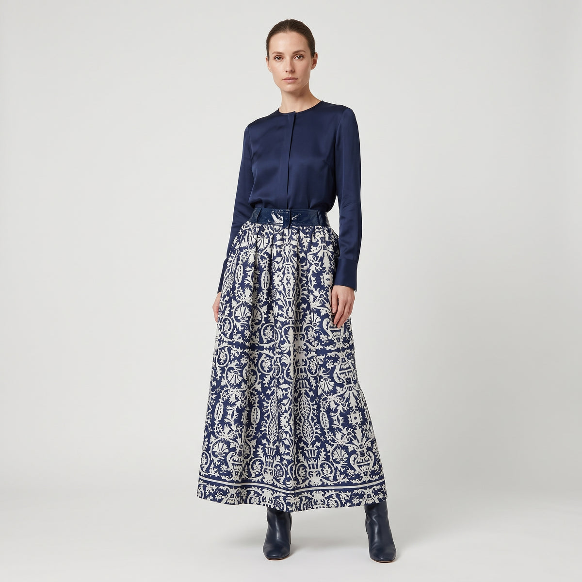 Damask Print Pleated Midi Skirt