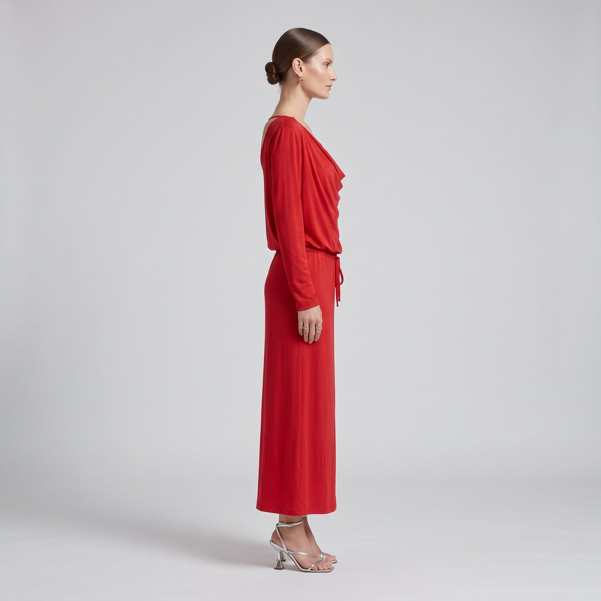 Cowl Neck Red Jersey Dress