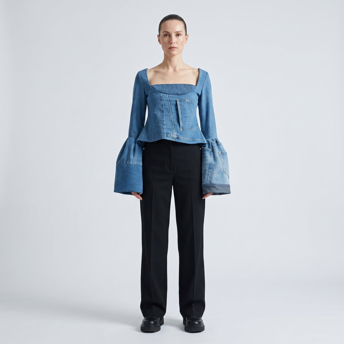 Deconstructed Bell-Sleeve Denim Top