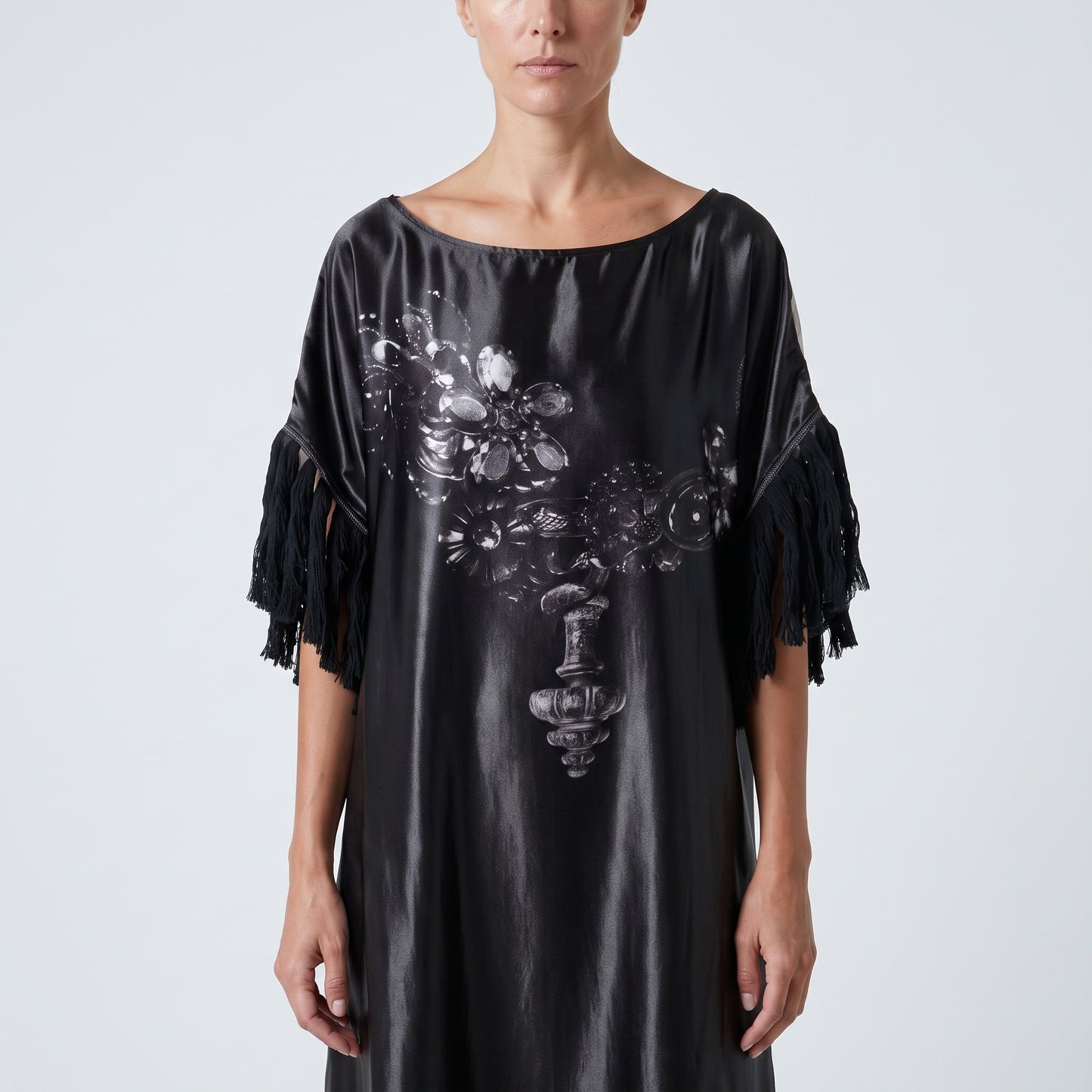 Satin Fringe Embellished Tunic Dress