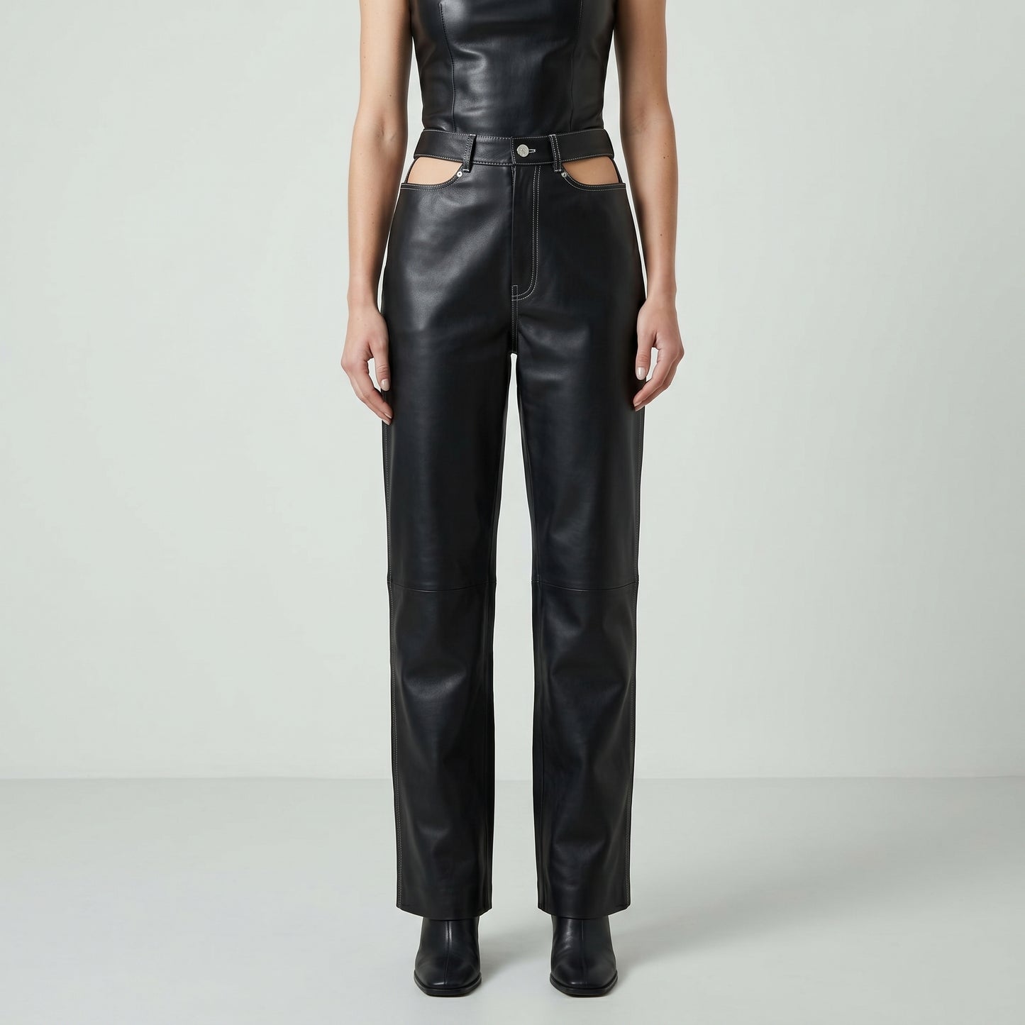 Cutout Detail Leather Trousers