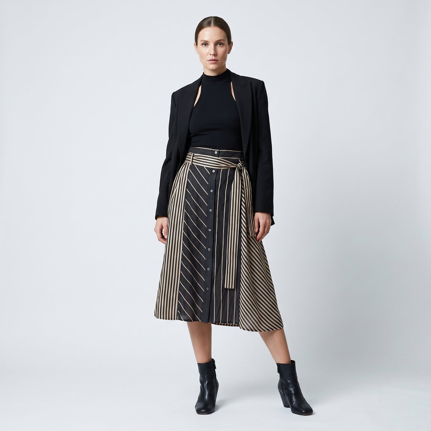 Striped Button-Down Midi Skirt