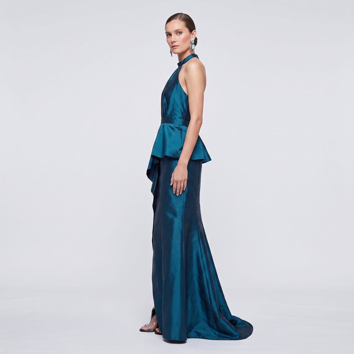 Teal Halter Peplum Evening Gown