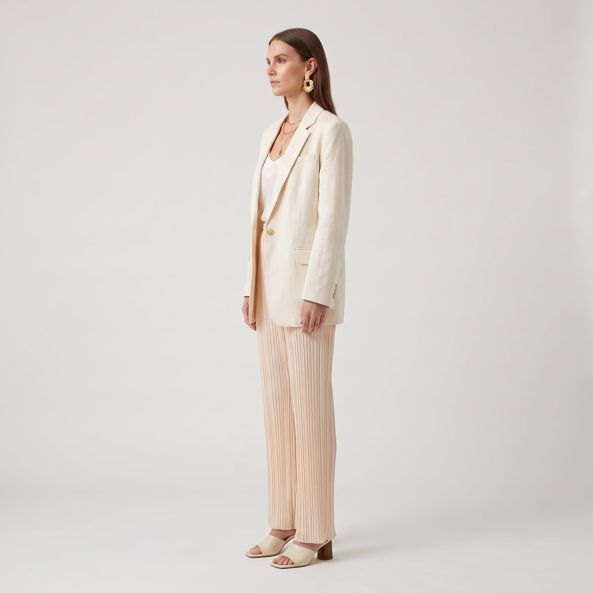 Pleated Wide-Leg Beige Trousers