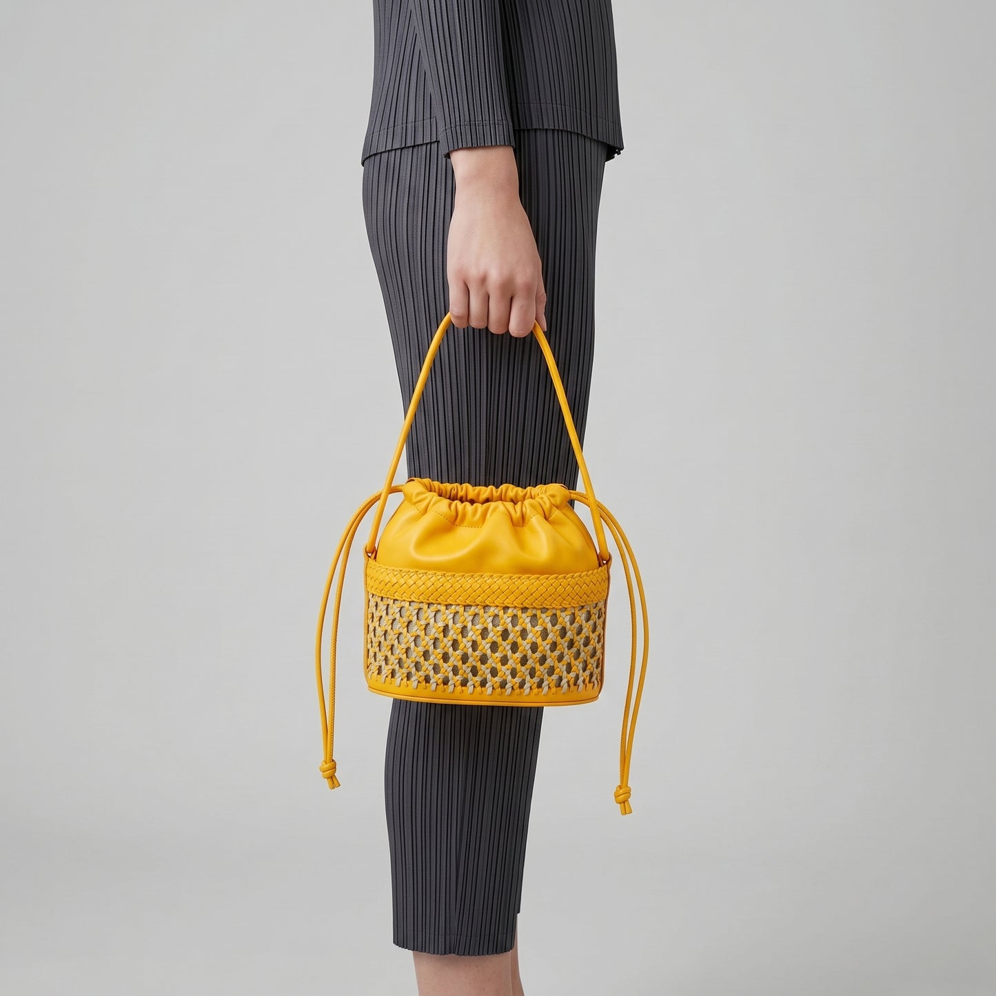 Woven Leather Drawstring Bucket Bag