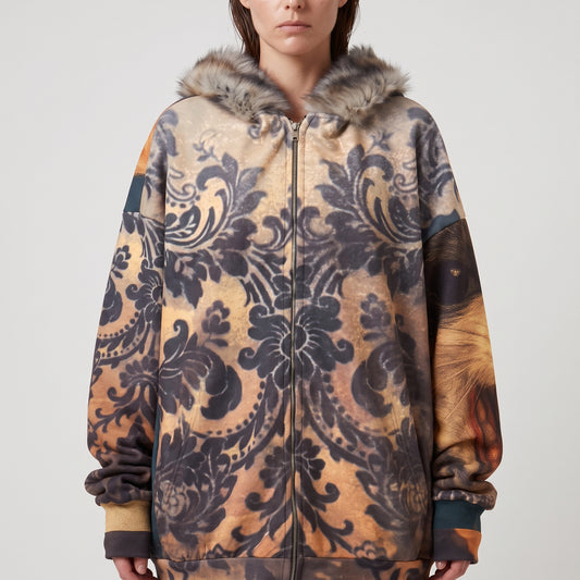 Damask Print Faux Fur Jacket