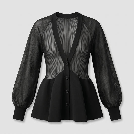 Sheer Peplum Button-Down Cardigan