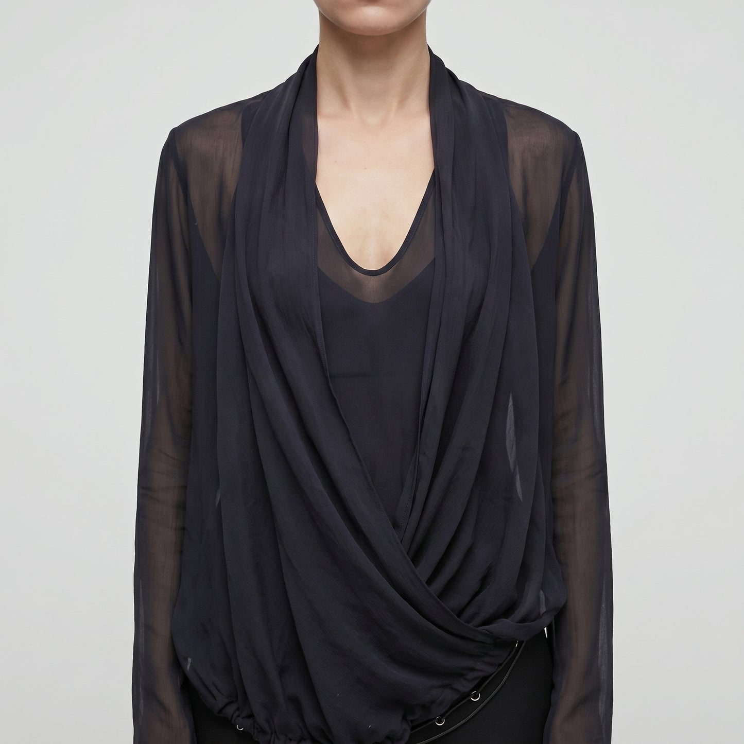 Draped Sheer V-Neck Blouse