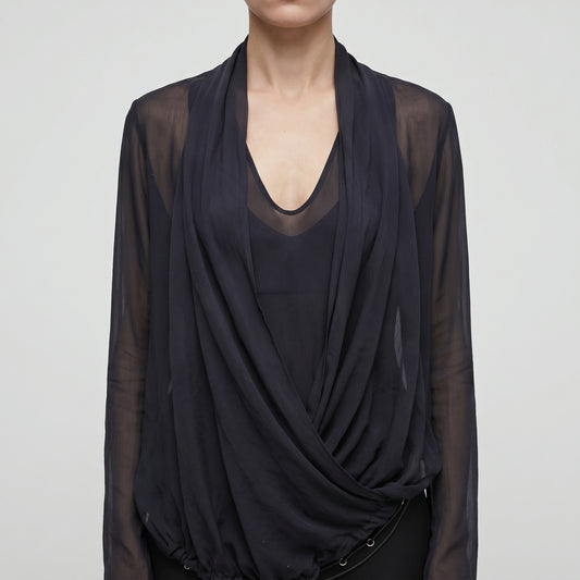 Draped Sheer V-Neck Blouse